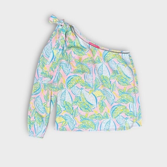 NEW Lilly Pulitzer Avena One-shoulder Top 00 Urchin Pink Lemon Tie Bow NWT - Picture 3 of 7